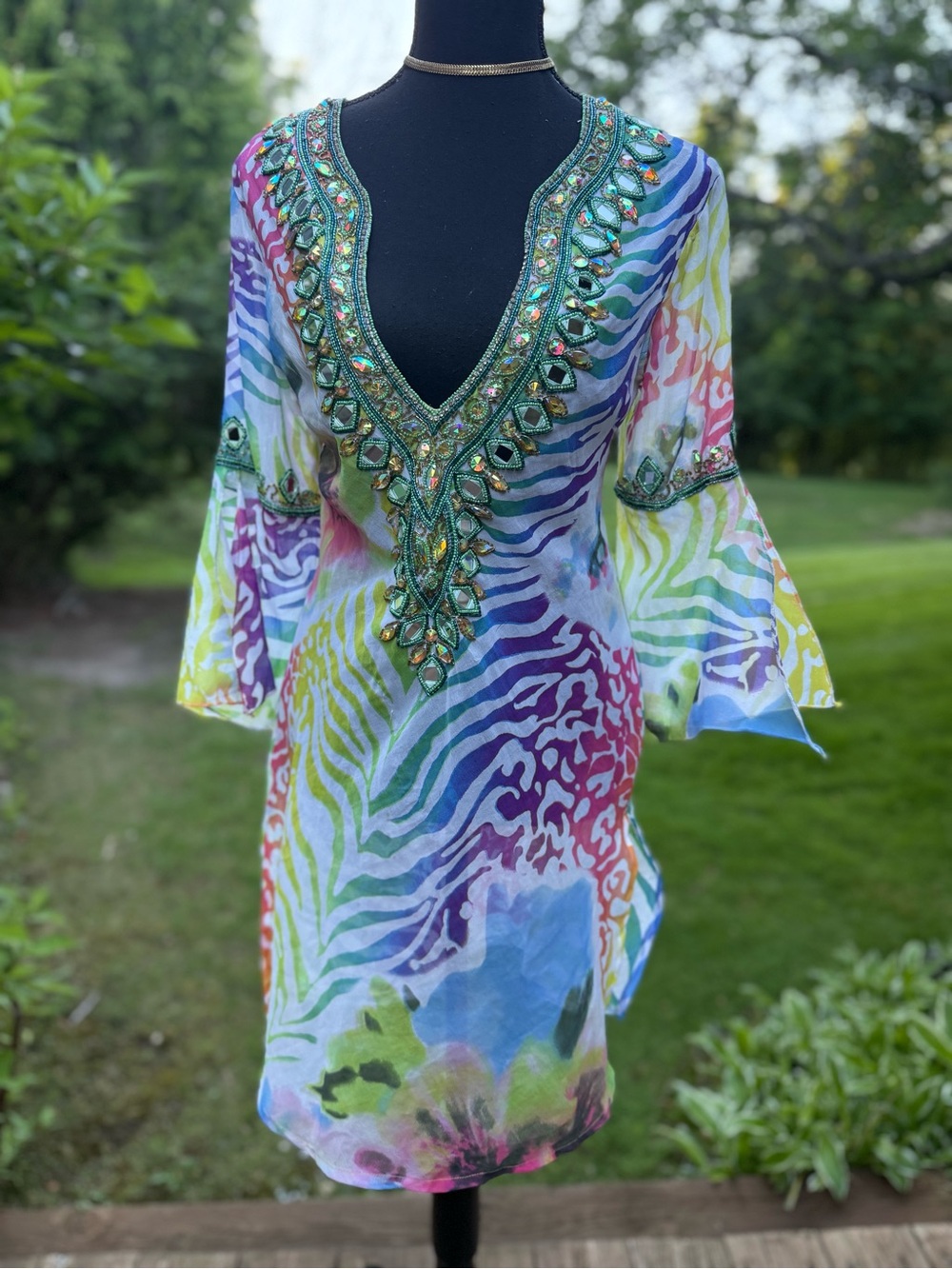 Embellished V-Neck Multicolor cover up dress size S pre-owned with free gift .